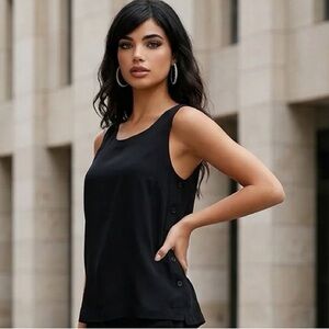 Linda Allard Ellen Tracy 100% Silk Black Sleeveless Blouse Side Button Sz 8